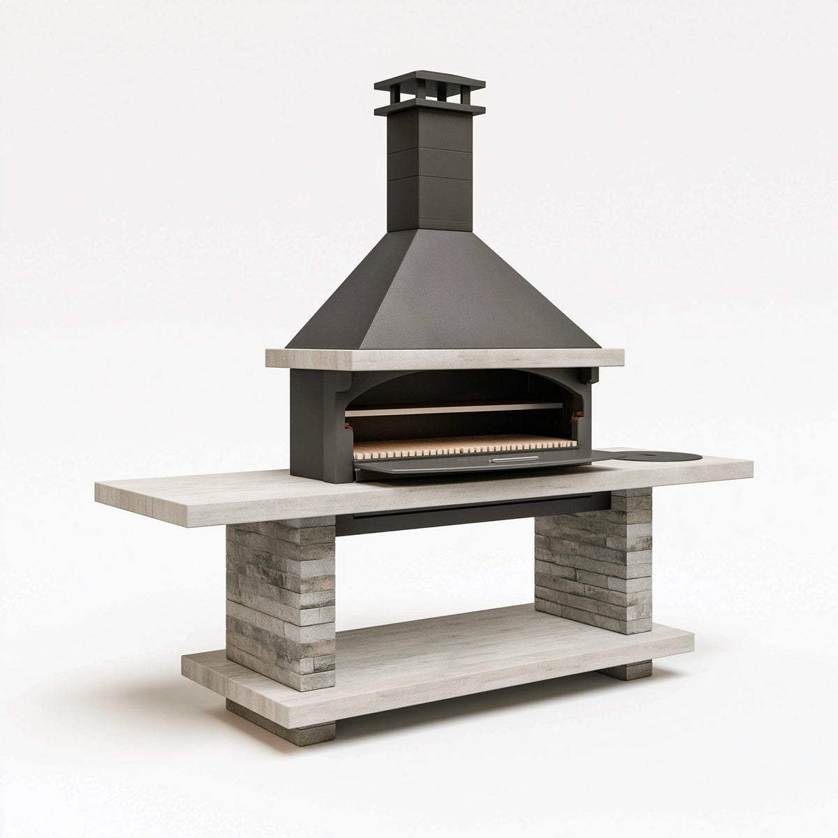 Barbecue de jardin 180 x 70 x 250 cm en pierre gris anthracite avec hotte et grille