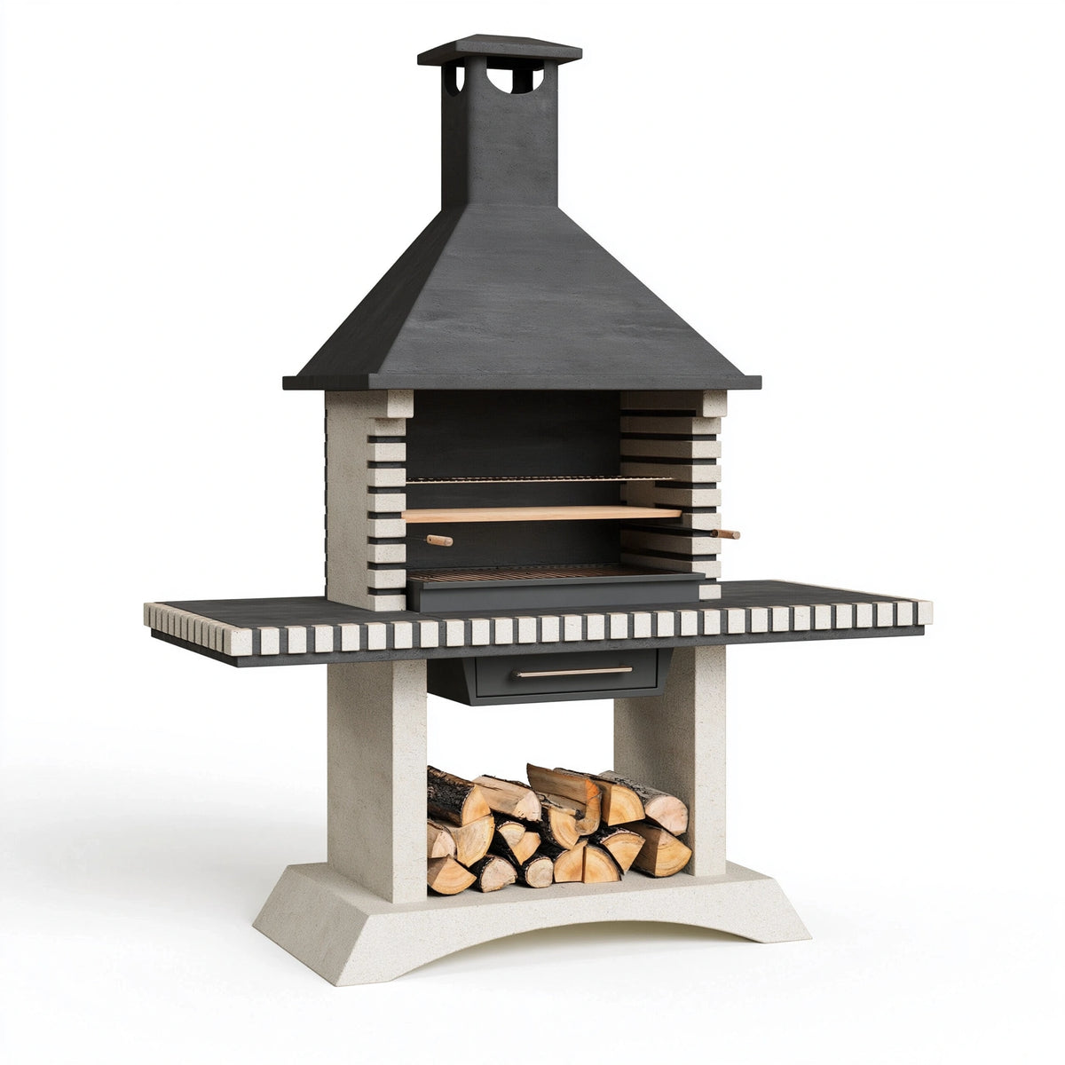 Barbecue fixe 140 x 70 x 220 cm en béton noir et gris avec grill réglable