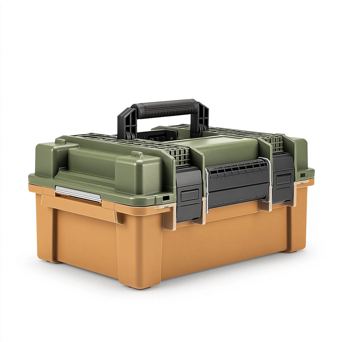 Mallette de rangement 48 x 28 x 35 cm en plastique vert kaki et beige avec poignée portable