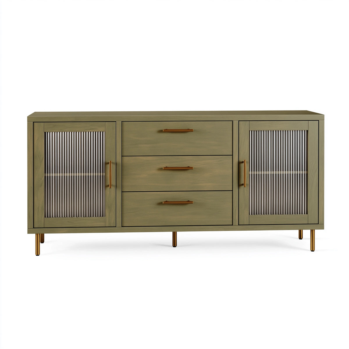 Buffet 180 x 45 x 85 cm en bois vert kaki avec verre strié et 3 tiroirs