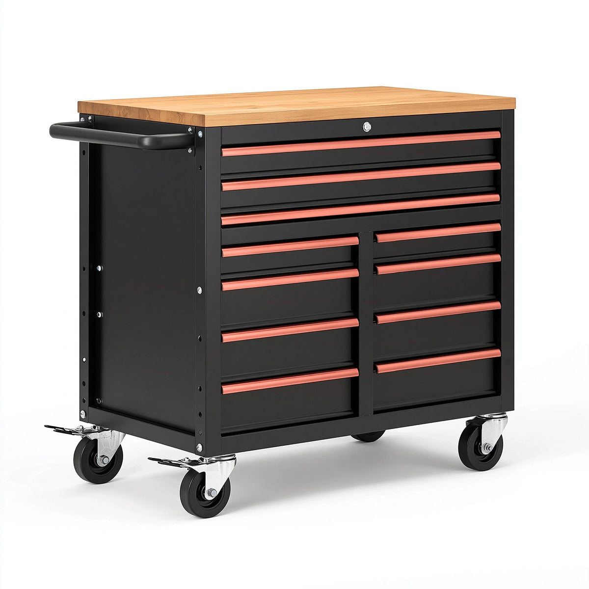 Servante d'atelier 100 cm en acier noir et bois avec 10 tiroirs sur roulettes