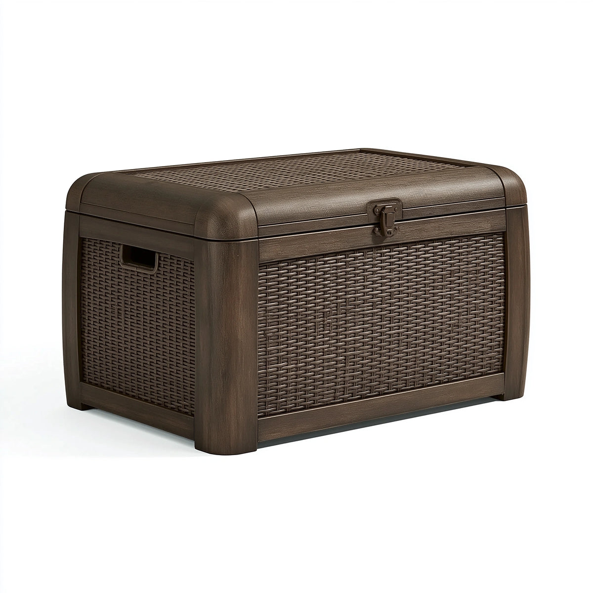 Coffre de rangement extérieur 120 x 56 x 63 cm en résine brun effet tressé avec couvercle verrouillable