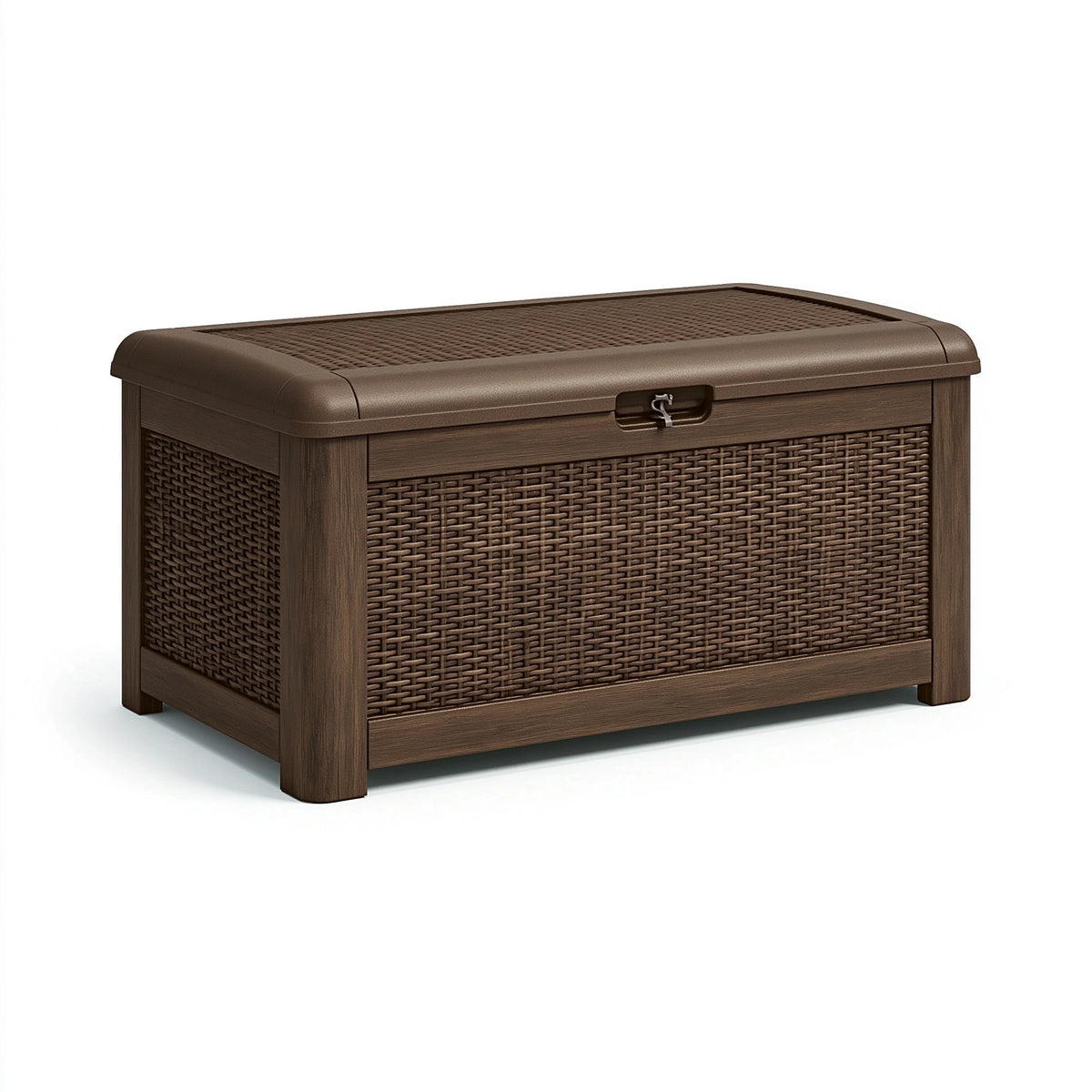 Coffre de rangement extérieur 120 x 55 x 60 cm en résine marron tressée avec couvercle
