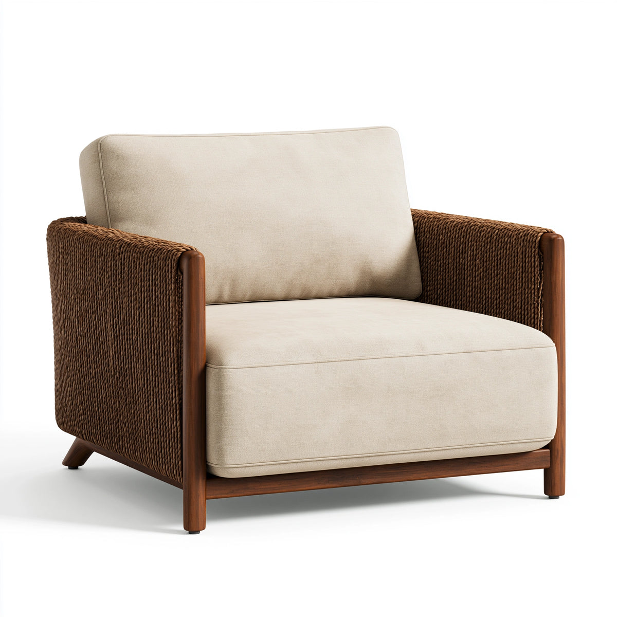 Fauteuil 78 x 82 x 86 cm en bois tressé brun et tissu beige style naturel