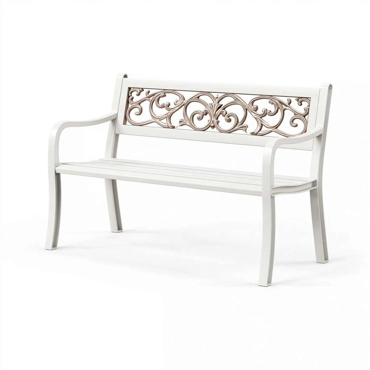 Banc de jardin 120 x 60 x 90 cm en métal blanc style classique à dossier décoratif