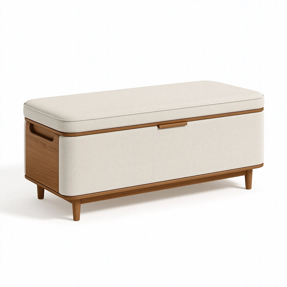 Banc coffre 120 x 45 x 50 cm en tissu beige et bois - assise rembourrée avec rangement