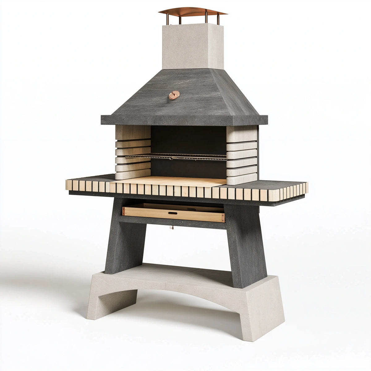Barbecue de jardin 120 x 70 x 220 cm en béton gris et beige avec grille style contemporain