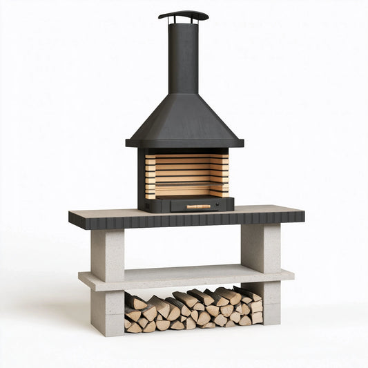 Barbecue cheminée 80 x 60 x 180 cm en métal noir avec hotte et grille