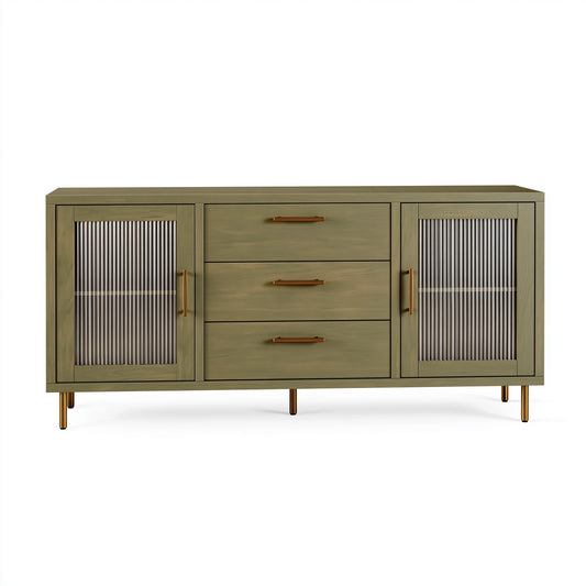 Buffet 180 x 45 x 85 cm en bois vert kaki avec verre strié et 3 tiroirs
