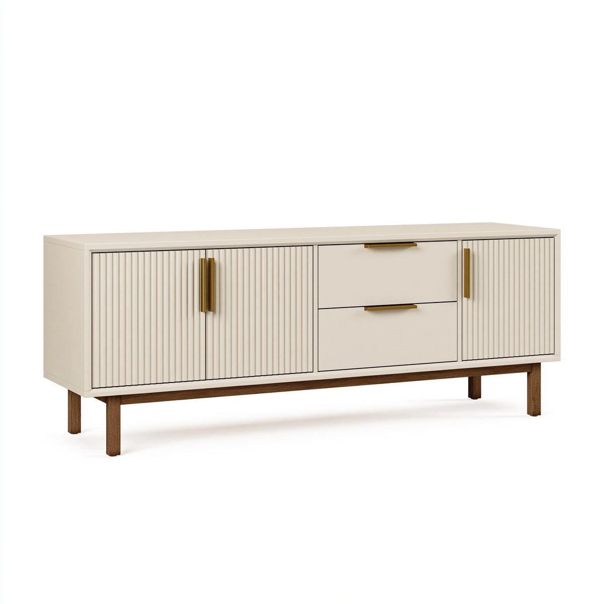 Buffet 160 x 40 x 85 cm en panneaux beige avec pieds en bois style contemporain rangement