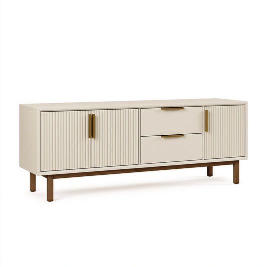 Buffet 160 x 40 x 85 cm en panneaux beige avec pieds en bois style contemporain rangement