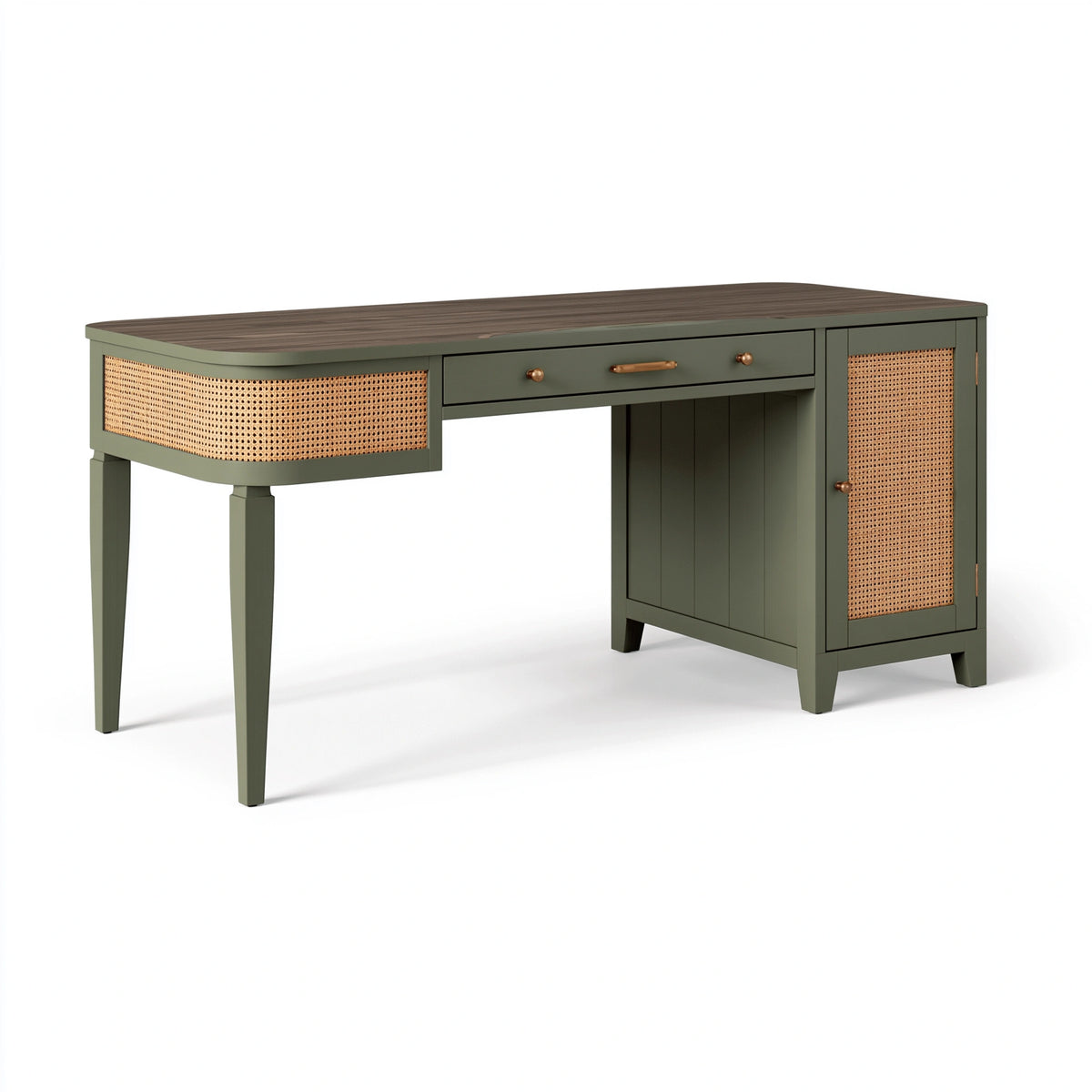 Bureau 140 x 60 x 76 cm en bois vert olive avec rotin et rangements