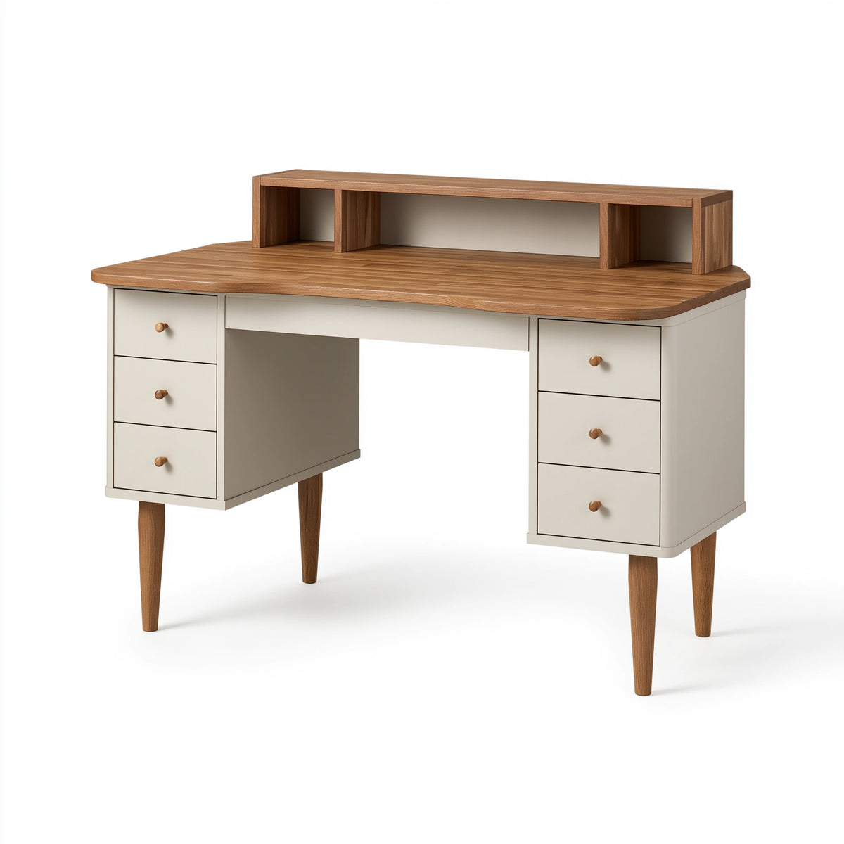 Bureau 140 x 60 x 110 cm en bois beige/noyer avec 6 tiroirs style rétro