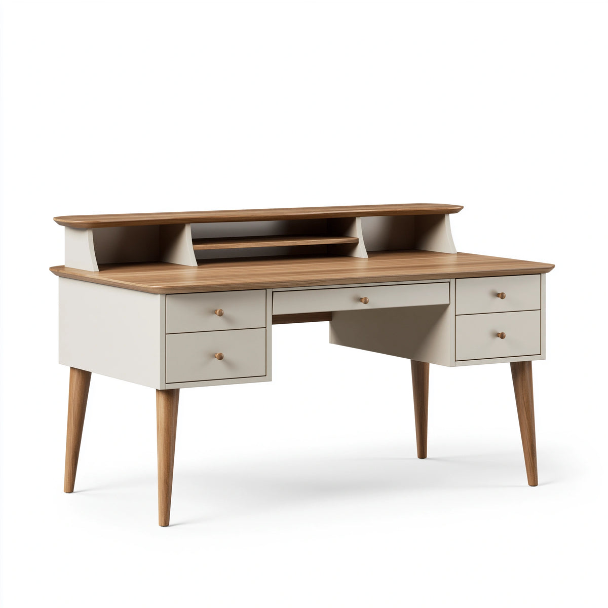 Bureau 140 x 60 x 110 cm en panneaux de bois blanc et noyer avec rangements style scandinave