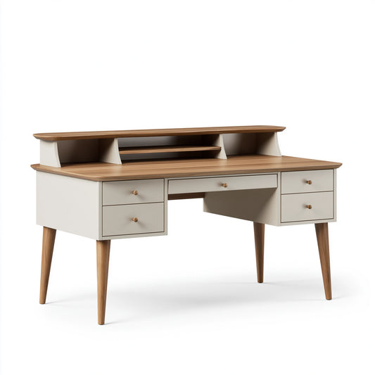 Bureau 140 x 60 x 110 cm en panneaux de bois blanc et noyer avec rangements style scandinave
