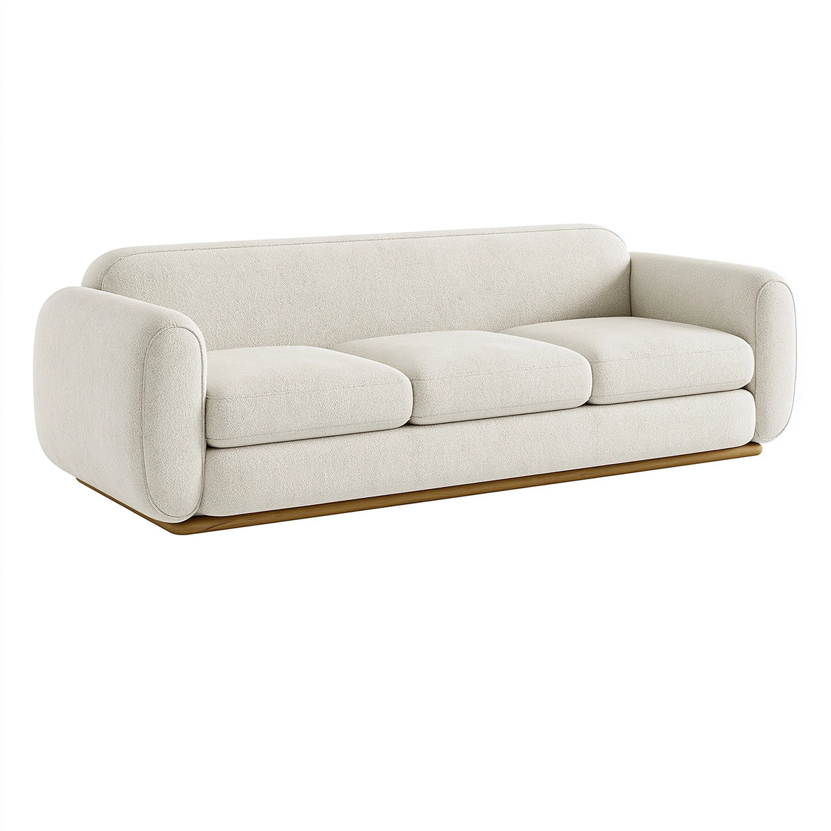 Canapé 3 places 230 cm en tissu bouclette crème avec base en bois style contemporain