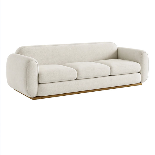 Canapé 3 places 230 cm en tissu bouclette crème avec base en bois style contemporain