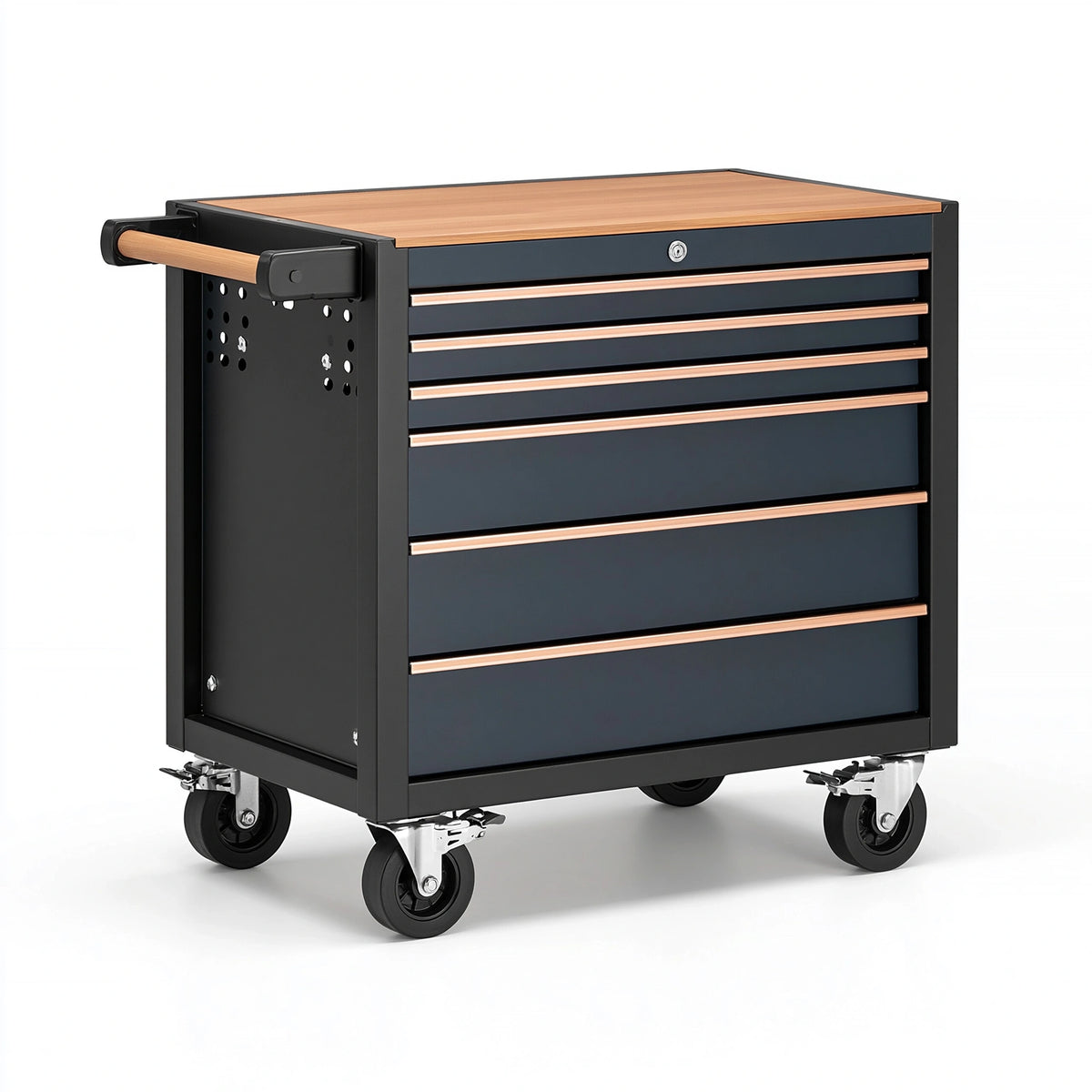 Servante d'atelier 75 x 45 x 95 cm en acier noir et bois à 6 tiroirs sur roulettes