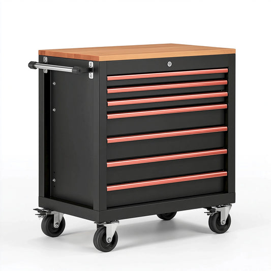 Servante d'atelier 77 x 46 x 98 cm en métal noir avec plateau en bois et 7 tiroirs sur roulettes