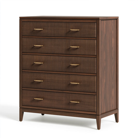 Commode 100 x 45 x 160 cm en panneaux effet bois brun à 5 tiroirs style contemporain