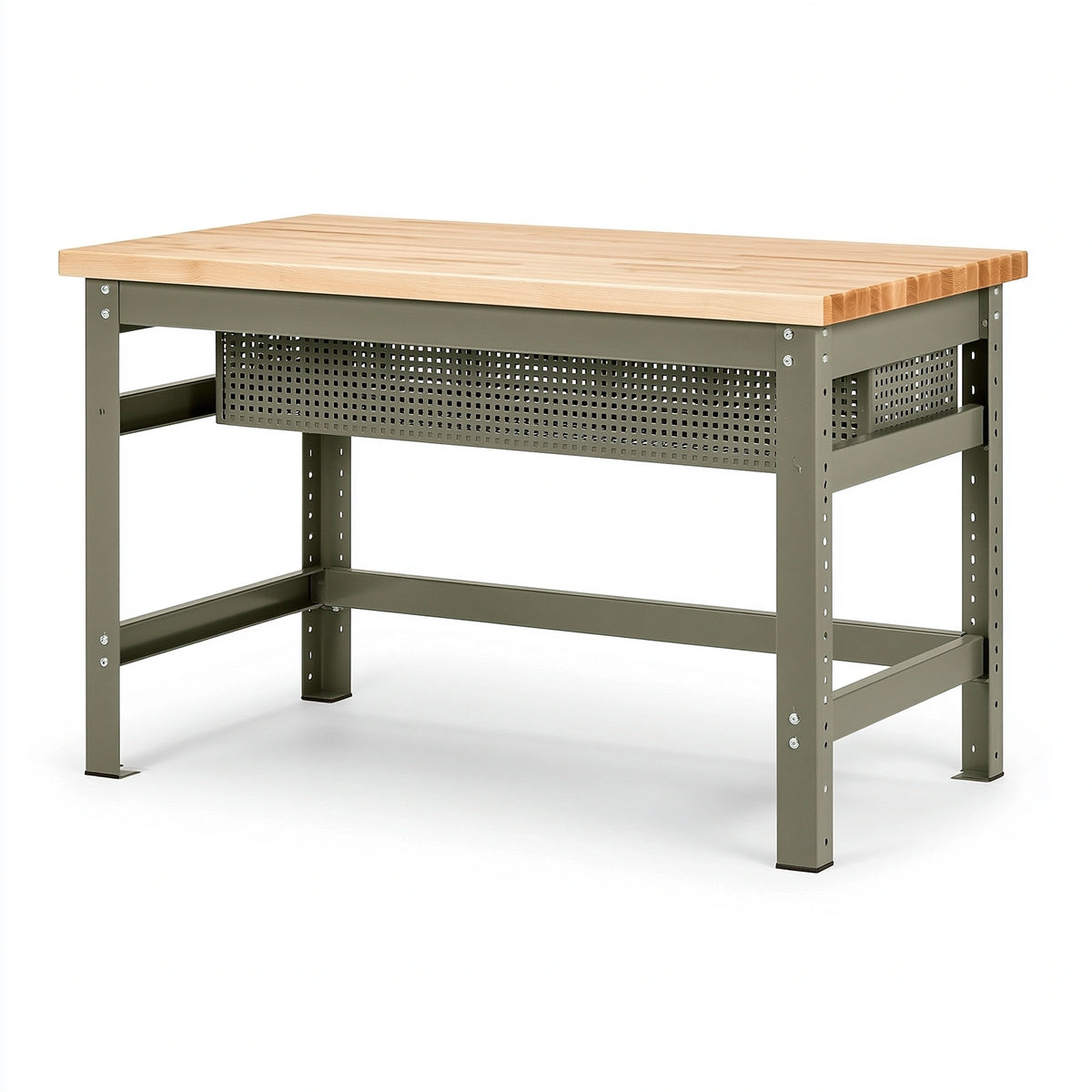 Établi 150 x 75 x 90 cm en bois et acier kaki avec panneau perforé industriel