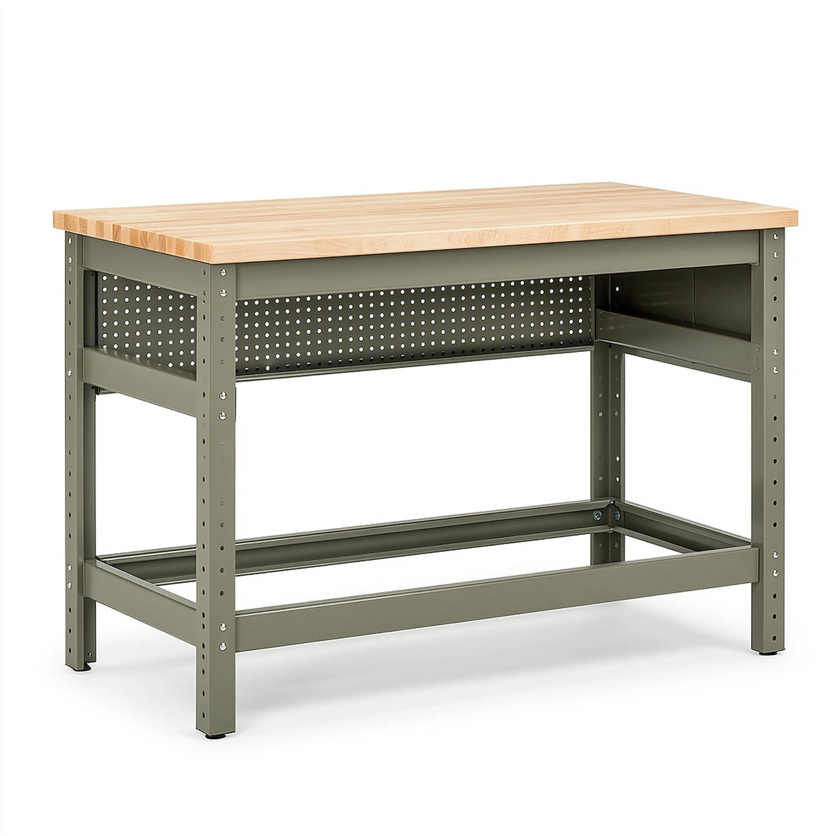 Établi 120 x 60 x 90 cm en bois et acier vert kaki avec panneau perforé style industriel