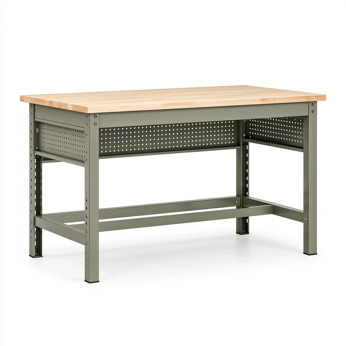 Établi 152 x 76 x 91 cm en bois massif et acier vert kaki style industriel avec panneau perforé