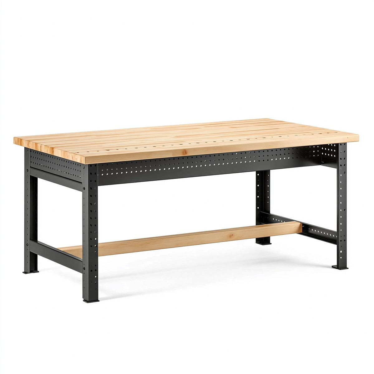 Établi 183 x 61 x 91 cm en bois naturel et métal noir style industriel avec tablette basse