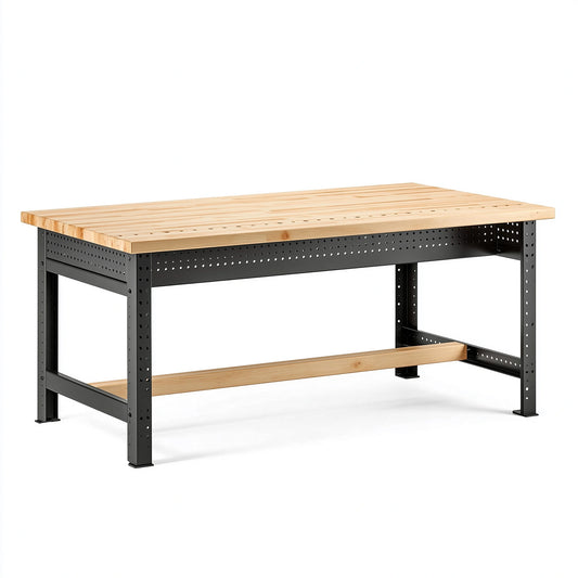 Établi 183 x 61 x 91 cm en bois naturel et métal noir style industriel avec tablette basse