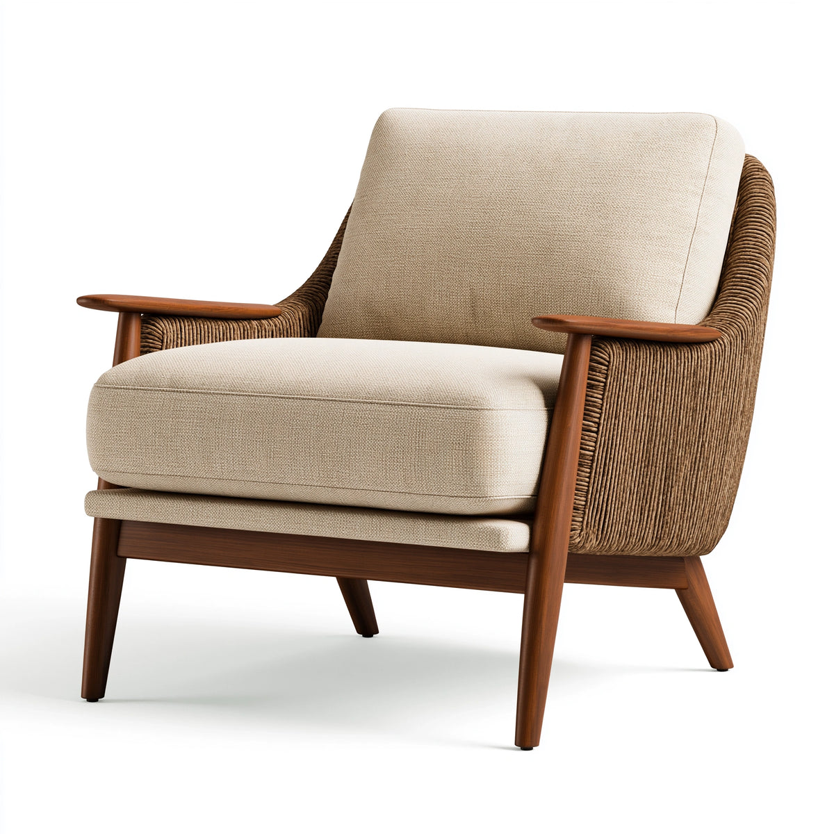 Fauteuil 75 x 85 x 90 cm en tissu beige et fibres tressées avec structure en bois - style naturel