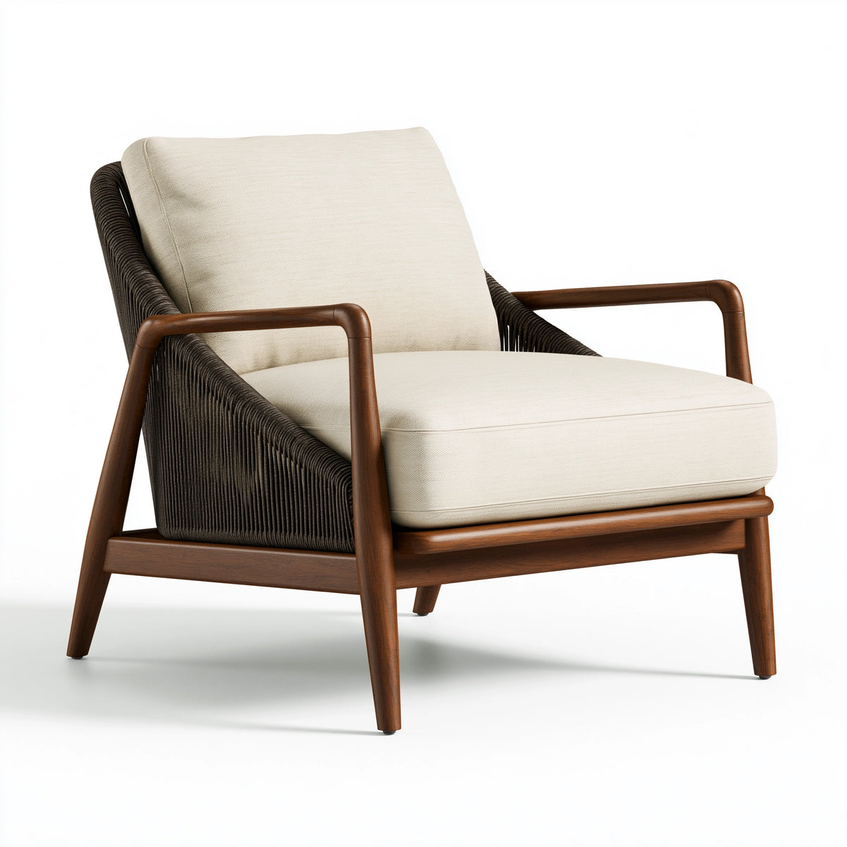Fauteuil 75 x 80 x 85 cm en bois brun tissu écru et corde tressée style contemporain