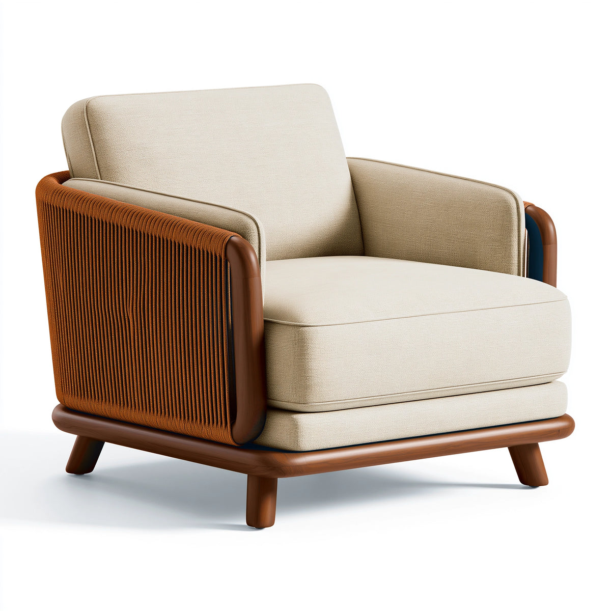 Fauteuil 78 x 82 x 78 cm en tissu beige et bois brun avec tressage décoratif