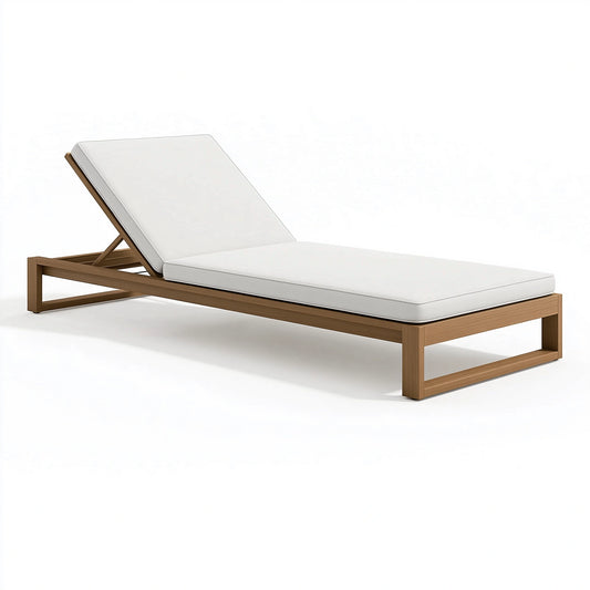 Bain de soleil 200 x 70 cm en bois brun avec coussin blanc - dossier inclinable extérieur