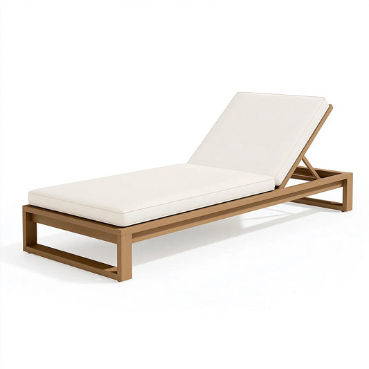 Bain de soleil 200 x 70 cm en bois beige avec coussin blanc dossier réglable style contemporain
