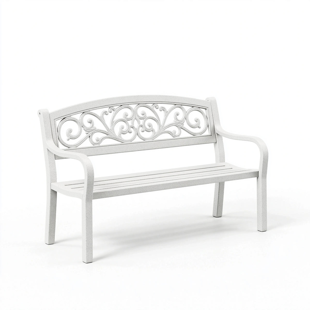 Banc de jardin 120 cm en métal blanc style romantique à dossier ajouré