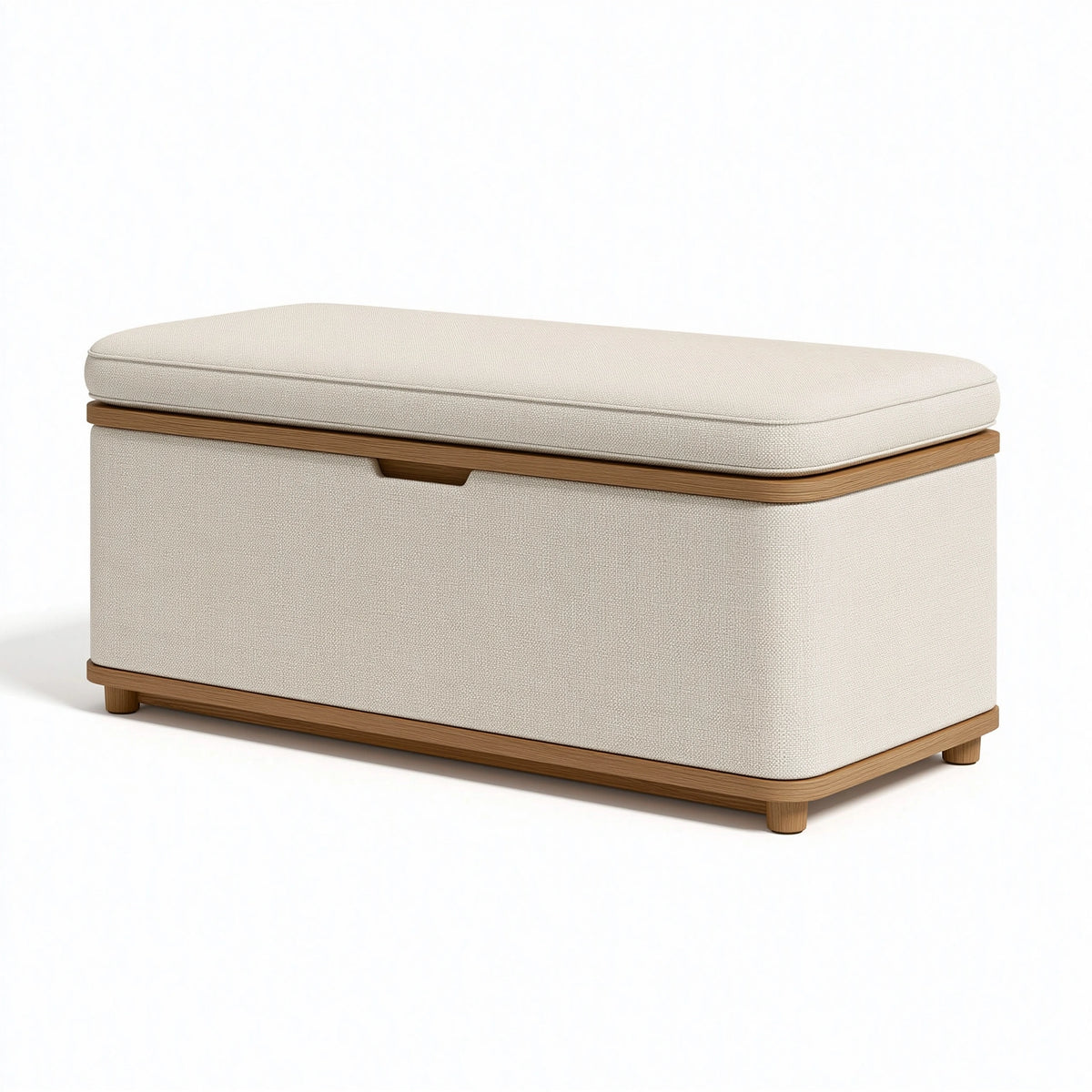 Banc coffre de rangement 120 x 45 x 48 cm en tissu beige et bois style contemporain